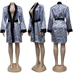 KR116 Satin Blue and White Printed Robe